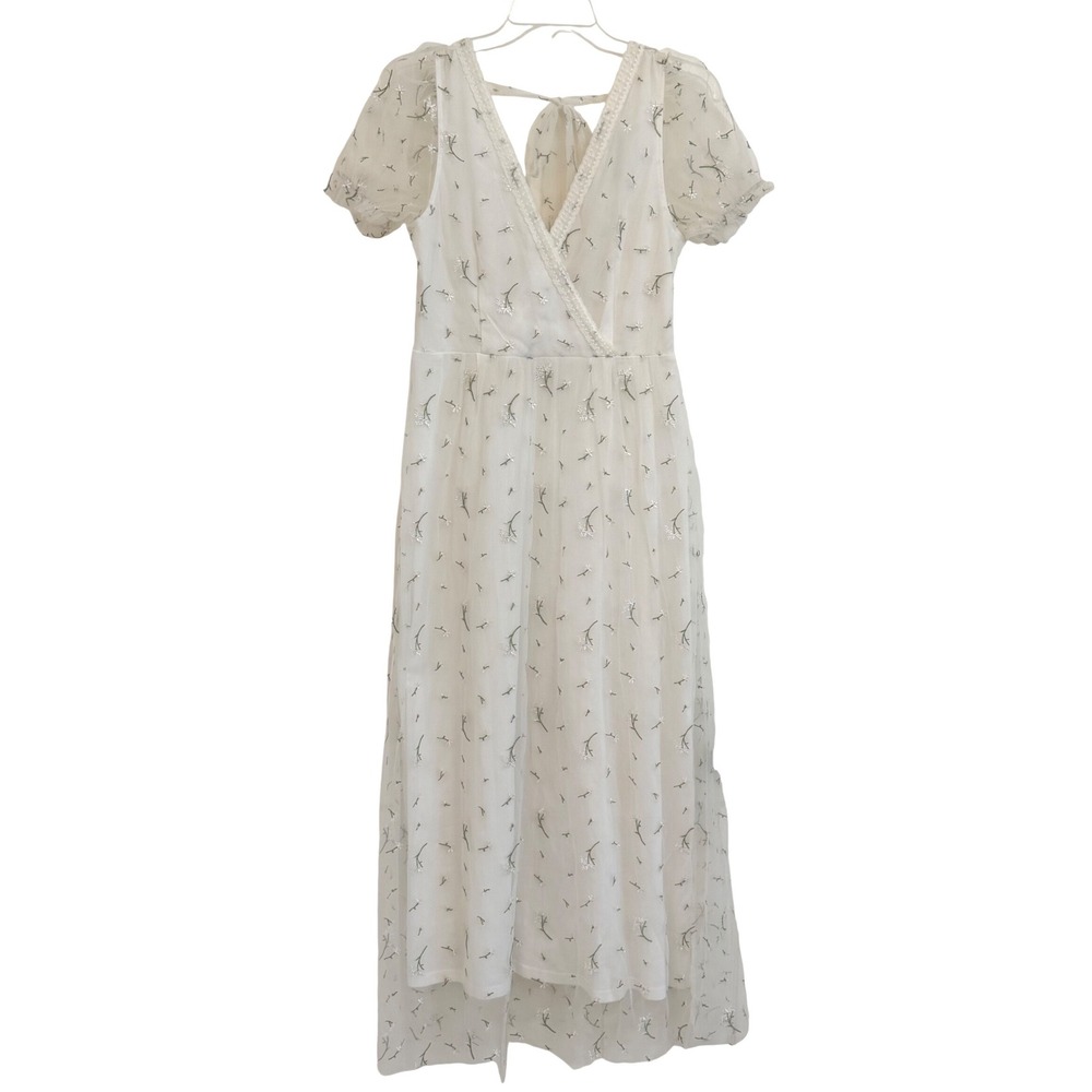 TICOSA Coquette White Floral Embroidered Mesh Midi Dress Puff Sleeve Tie Back M